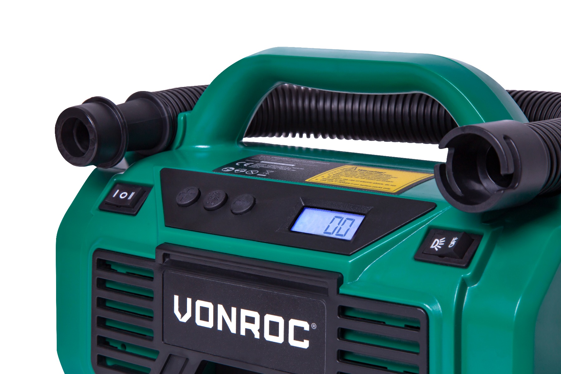 VONROC CR503DC Compressore VPower 20V con presa accendisigari 12V - 11 bar - incl. 8 accessori. Batteria e caricabatteria non inclusi