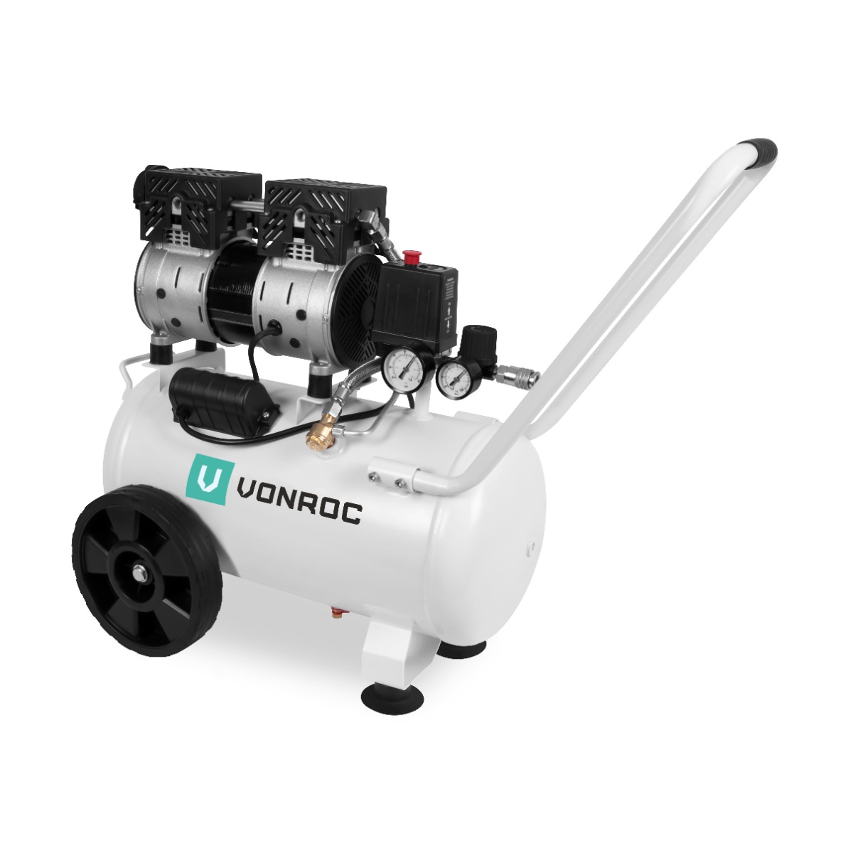 VONROC CR506AC_WHITE Compressore d'aria silenzioso 57,5Db | 24 LT - Senza olio - 750W – Bianco