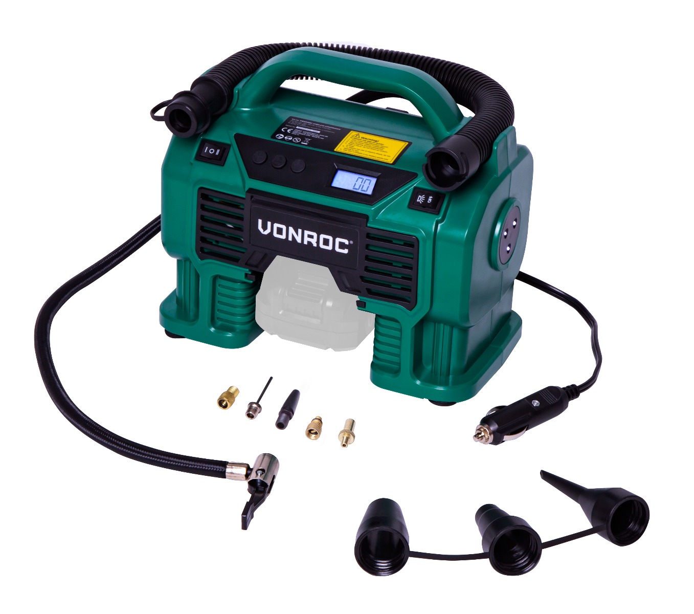 VONROC CR503DC Compressore VPower 20V con presa accendisigari 12V - 11 bar - incl. 8 accessori. Batteria e caricabatteria non inclusi
