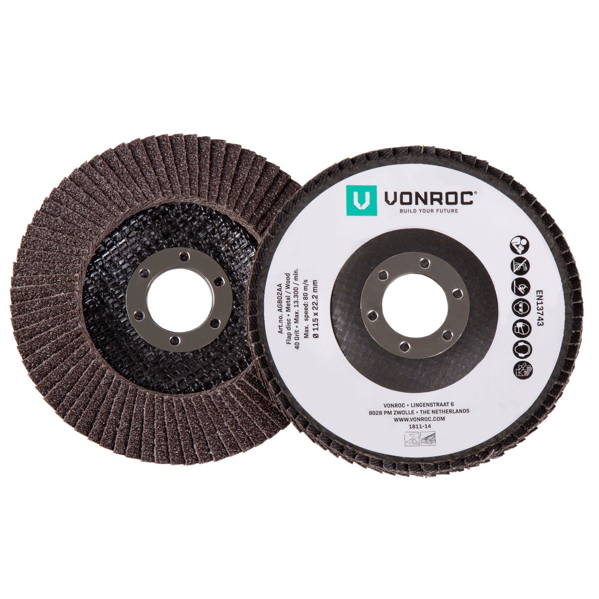 VONROC Set di 2 dischi abrasivi lamellari universali, G40 e G60, Diametro Ø  115 x 22,2 mm. Per smerigliatrici angolari