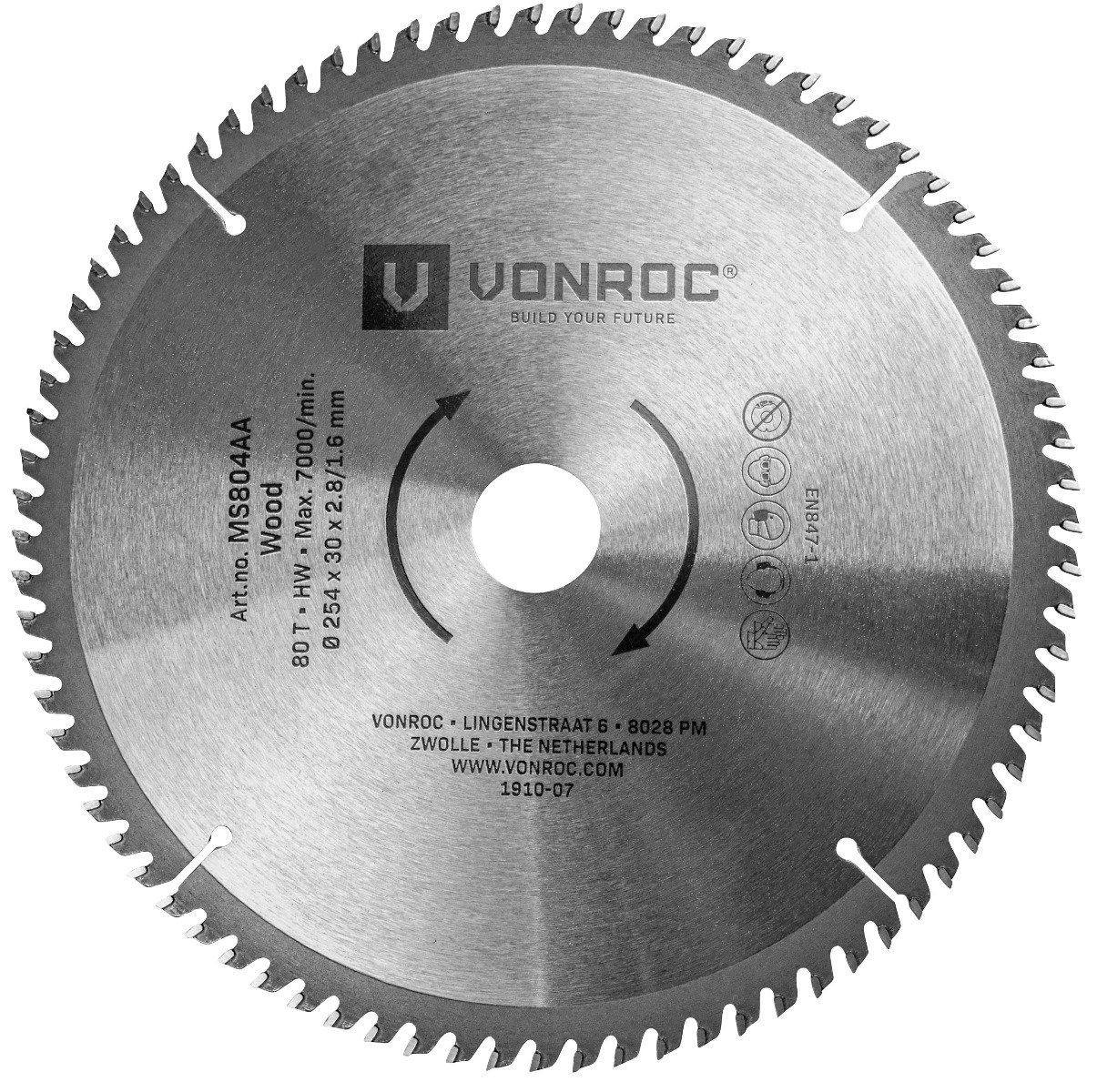 VONROC MS804AA Lama universale 254x30mm per troncatrice e sega da tavolo - 80 denti