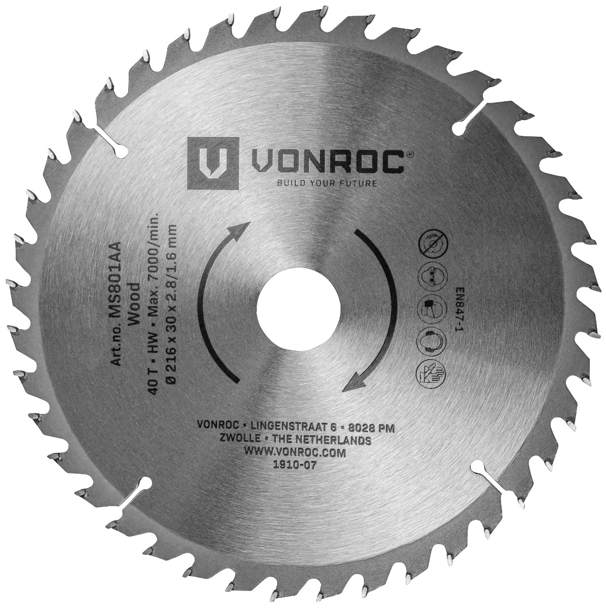 VONROC MS801AA Lama universale 216x30mm per troncatrice e sega da tavolo - 40 denti