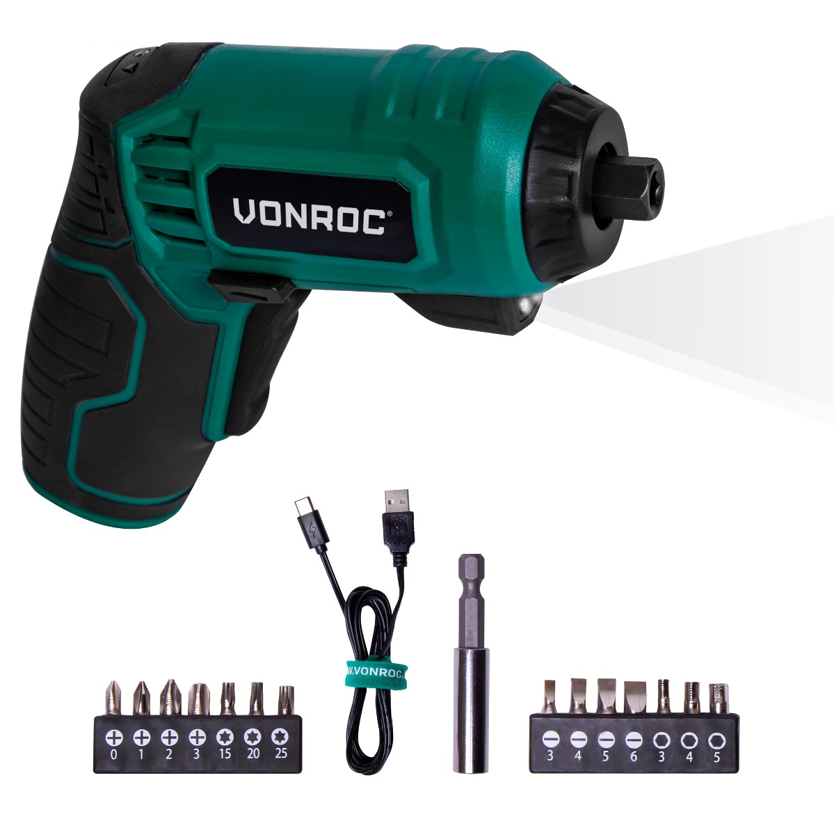 VONROC CD507DC Avvitatore a batteria 4V. Include set da 14 pezzi, cavo di ricarica USB-C e custodia