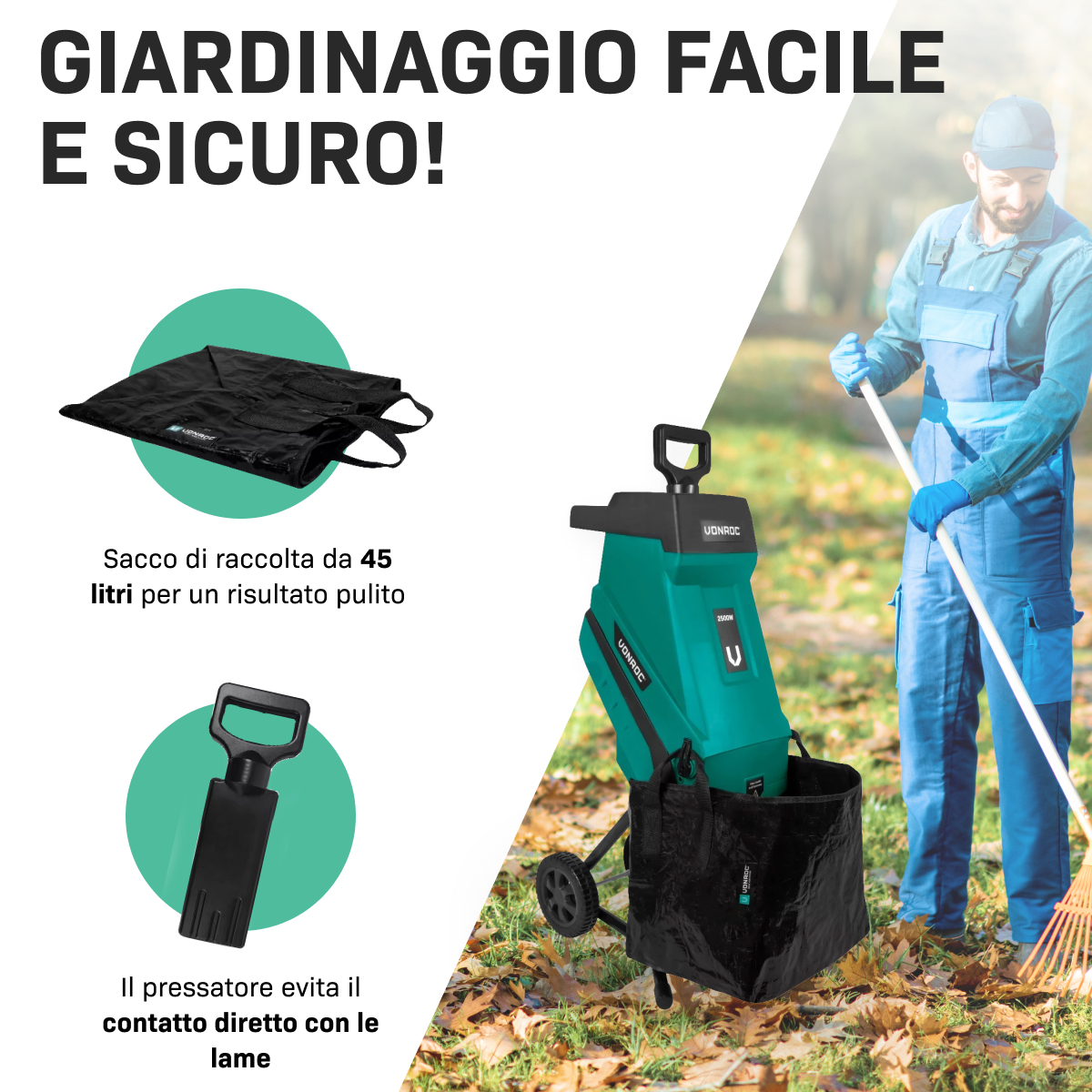 VONROC Biotrituratore 2500W  per rami fino 45mm