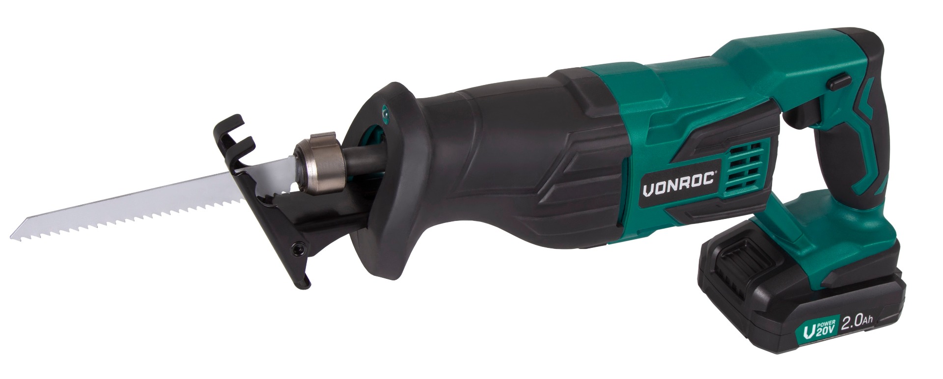 Sega a gattuccio. Incl. 1 batteria 2.0Ah, caricabatterie, 3 lame e sacca portautensili VONROC