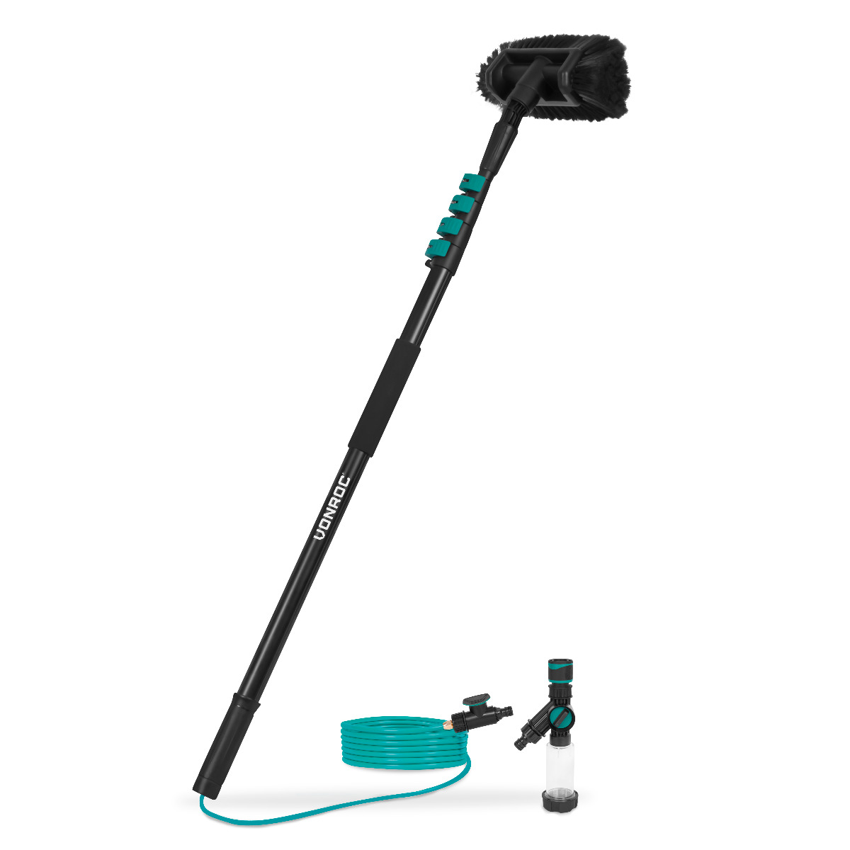 VONROC Spazzola telescopica VONROC - 4,60 m - Include spazzola multiuso, tubo flessibile da 6 metri e dispenser di sapone