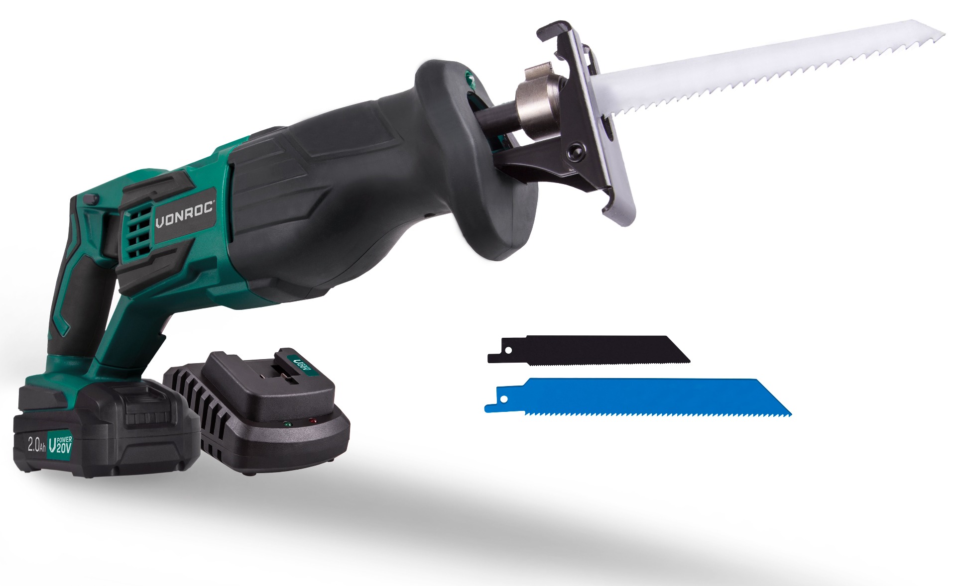 VONROC S_RS501DC Seghetto a gattuccio a batteria. Incl. 1 batteria 2.0Ah, caricabatterie, 2 lame e sacca portautensili