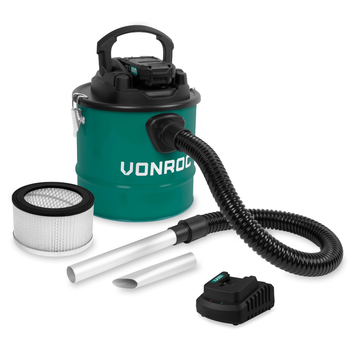 VONROC S_VC507DC Aspiracenere a batteria VPower 20V. Incl. una batteria 2.0Ah e caricatore. Serbatoio 12L - Filtro HEPA