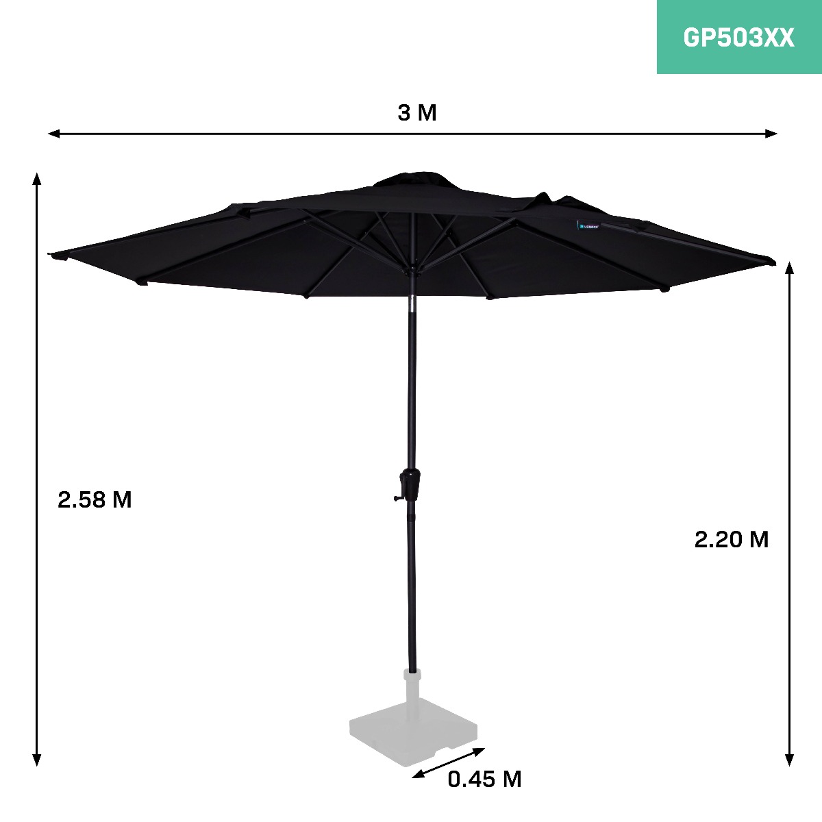 VONROC GP503XX Ombrellone parasole da giardino Recanati Ø300cm. Inclinabile. Tessuto UPF50+. Antracite/Nero