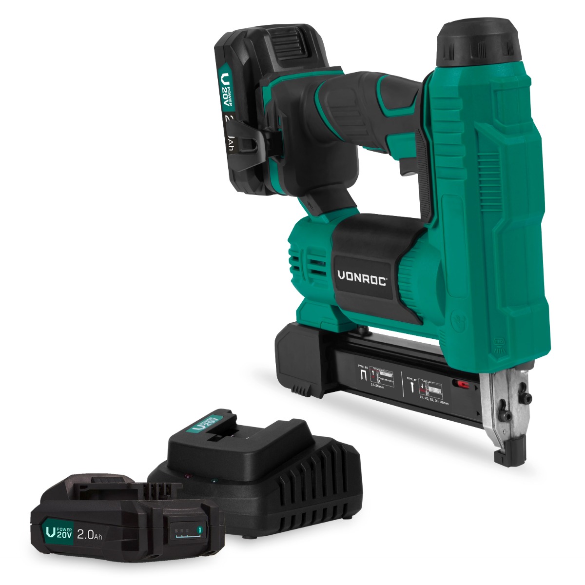 VONROC S2_SG503DC Pistola graffatrice chiodatrice 20V | Con due batterie 2.0Ah e caricatore rapido
