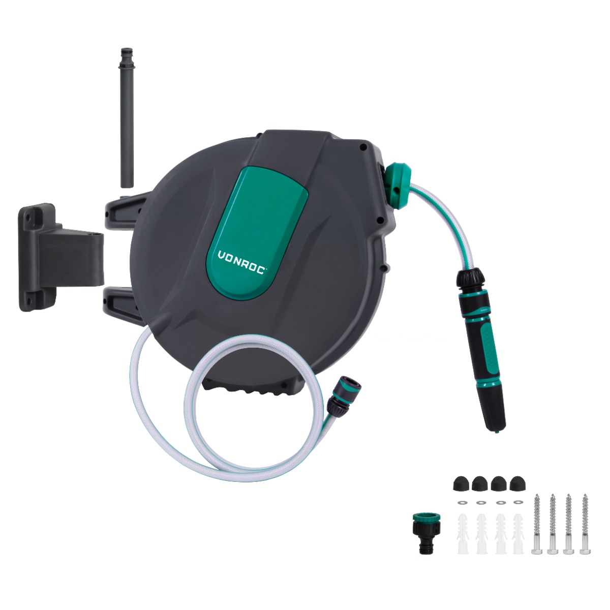 VONROC HR503XX Avvolgitubo retrattile automatico da parete. Tubo da giardino da 15 m