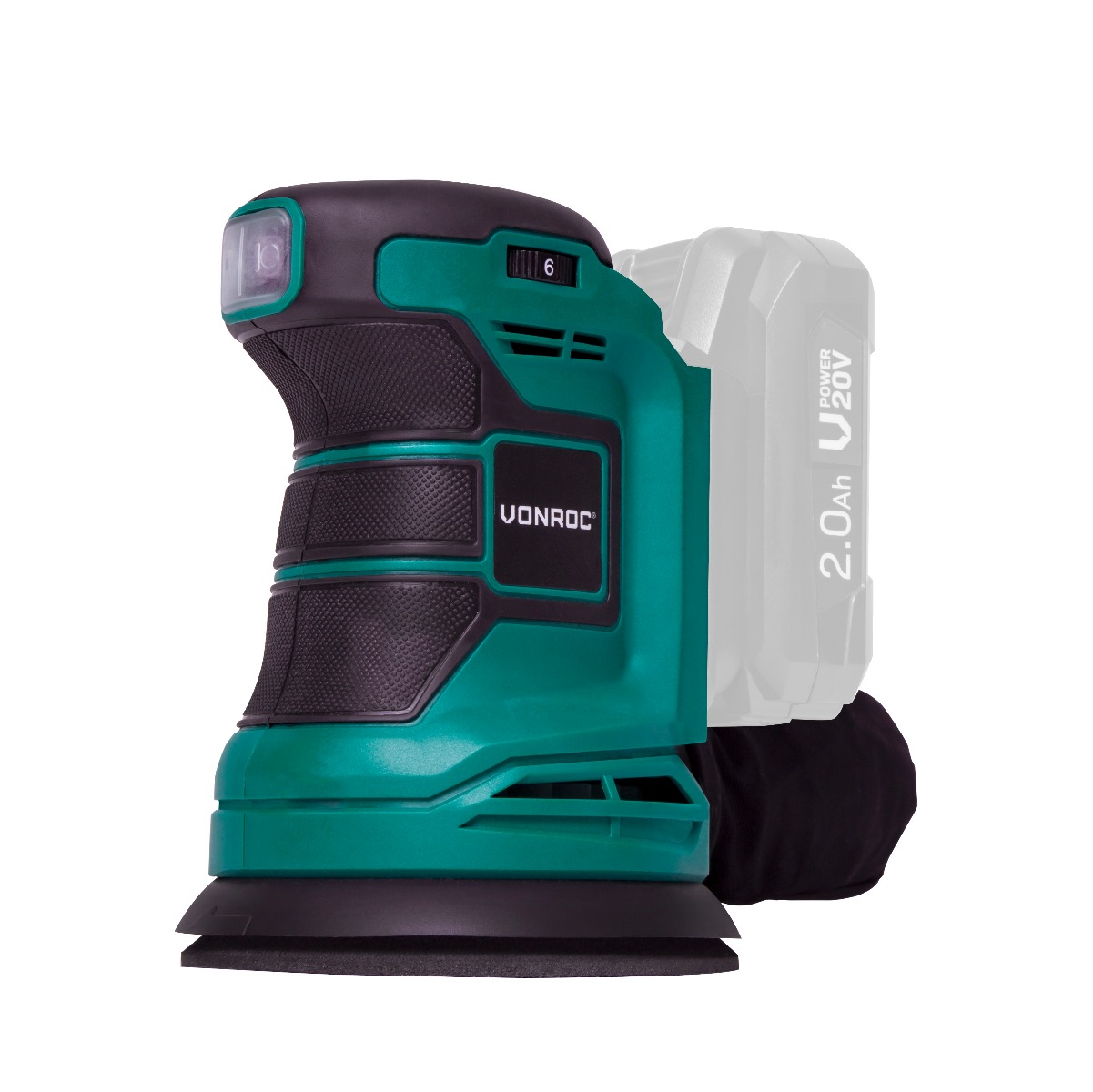 VONROC OS503DC Levigatrice orbitale VPOWER 20V - Ø125mm. Con sacchetto per la polvere e carta abrasiva da 12 pezzi. Batteria e caricabatterie non inclusi
