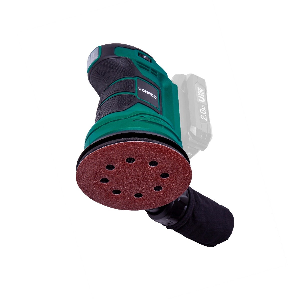 VONROC OS503DC Levigatrice orbitale VPOWER 20V - Ø125mm. Con sacchetto per la polvere e carta abrasiva da 12 pezzi. Batteria e caricabatterie non inclusi