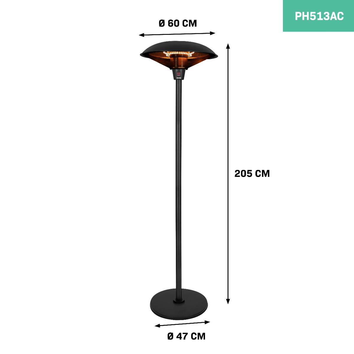 VONROC PH513AC Riscaldatore a infrarossi da esterno 2000W con piedistallo. Modello Eolo