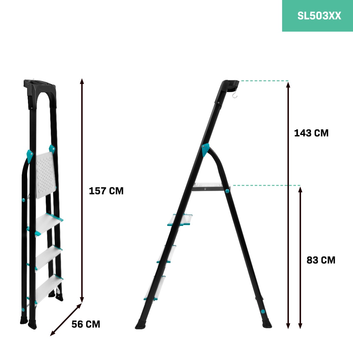 VONROC SL503XX Scala domestica pieghevole in alluminio PRO. 4 gradini antiscivolo. Capacità massima 150kg
