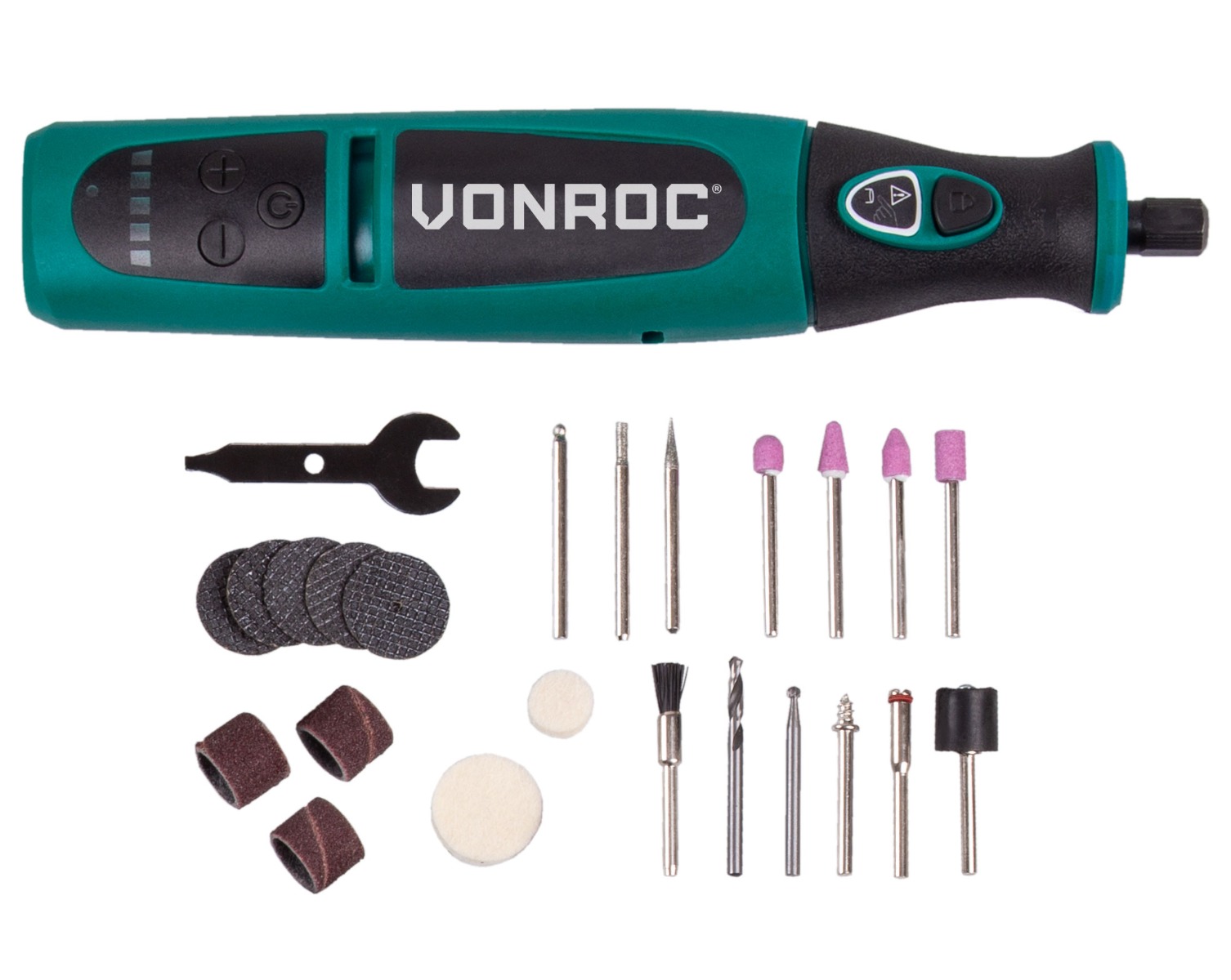 VONROC CT502DC Utensile rotante multifunzione 8V. Include set di 24 accessori, caricatore e sacca portautensili