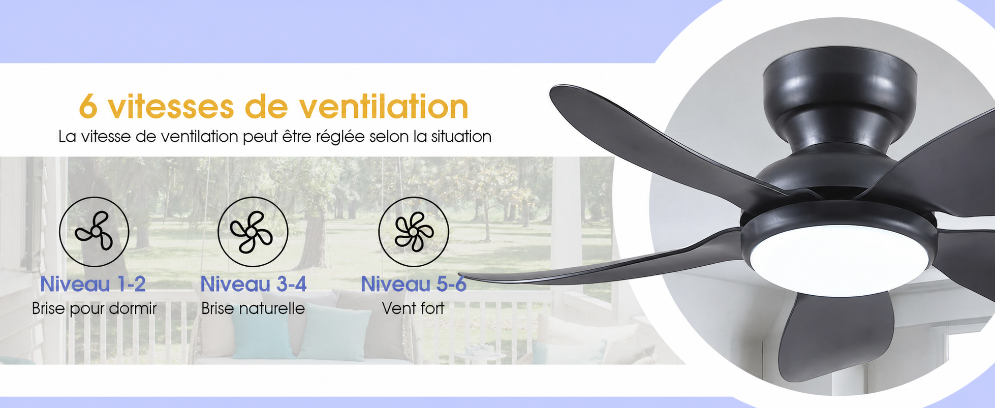 Kviflon ventilateur de plafond LED noir 91 cm, 6 vitesses, 3 CCT — visuel produit en français