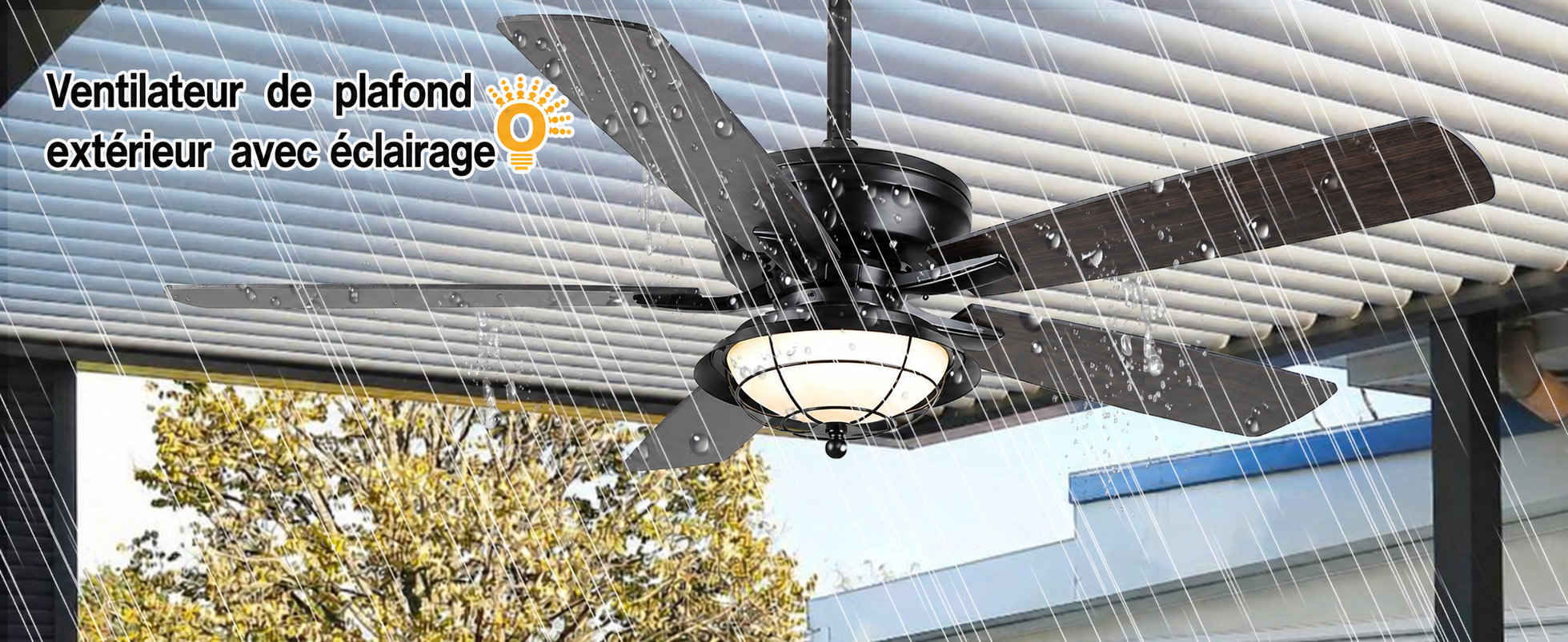 Kviflon ventilateur de plafond LED 132 cm, abat-jour verre, IP44 — visuel produit en français