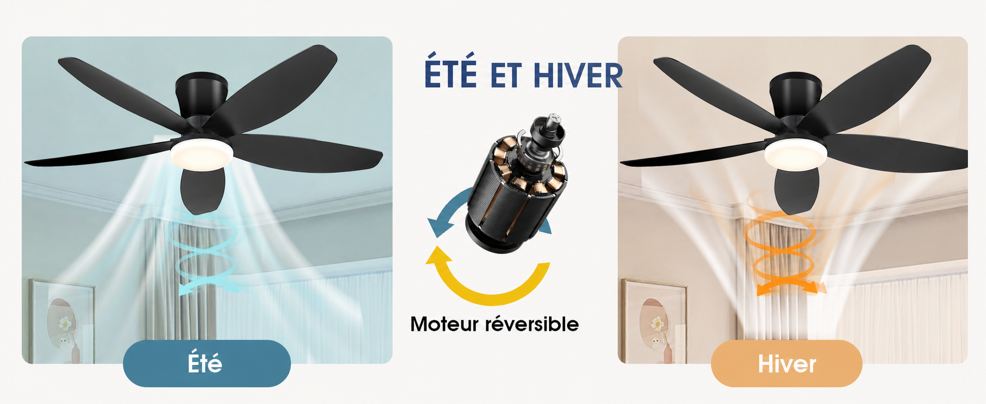Kviflon ventilateur de plafond LED noir 107 cm, moteur DC, 6 vitesses — visuel produit en français
