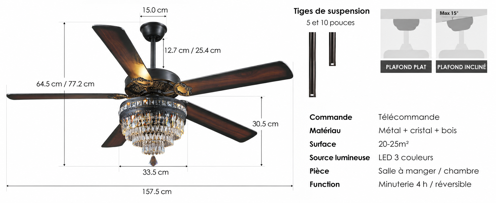 Kviflon grand ventilateur de plafond cristal noir 157 cm, télécommande — visuel produit en français