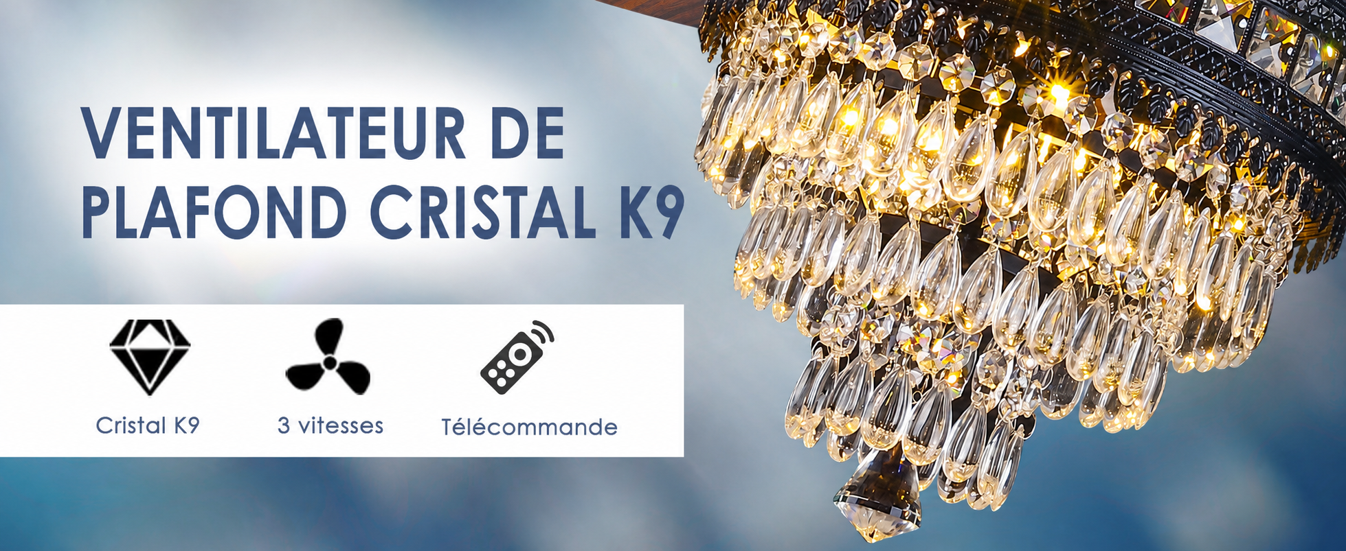 Kviflon ventilateur de plafond cristal noir 132 cm, télécommande — visuel produit en français