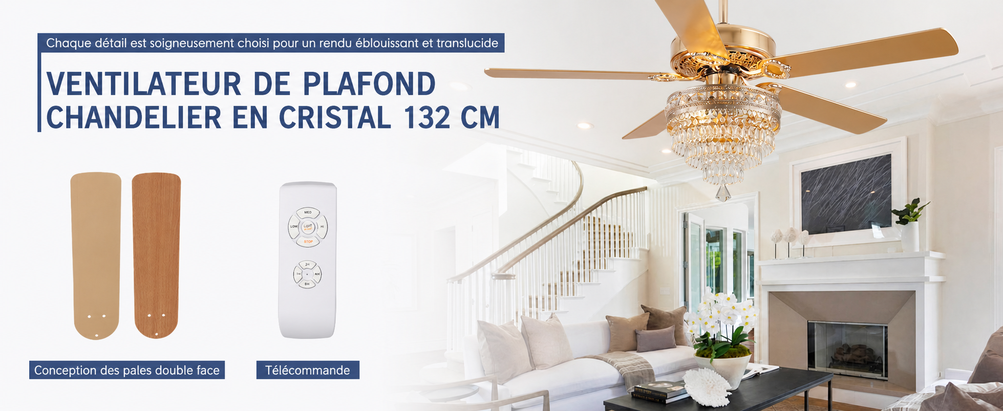 Kviflon ventilateur de plafond cristal doré 132 cm, télécommande — visuel produit en français