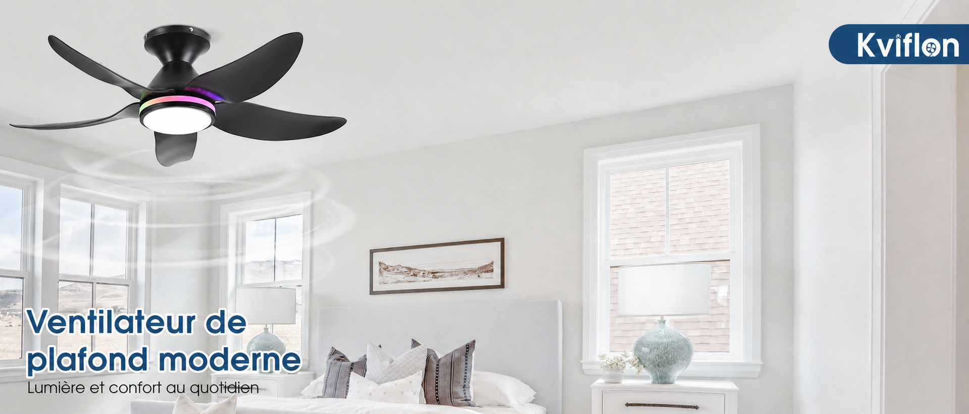 Kviflon ventilateur de plafond LED noir 91 cm, 6 vitesses, 3 CCT — visuel produit en français