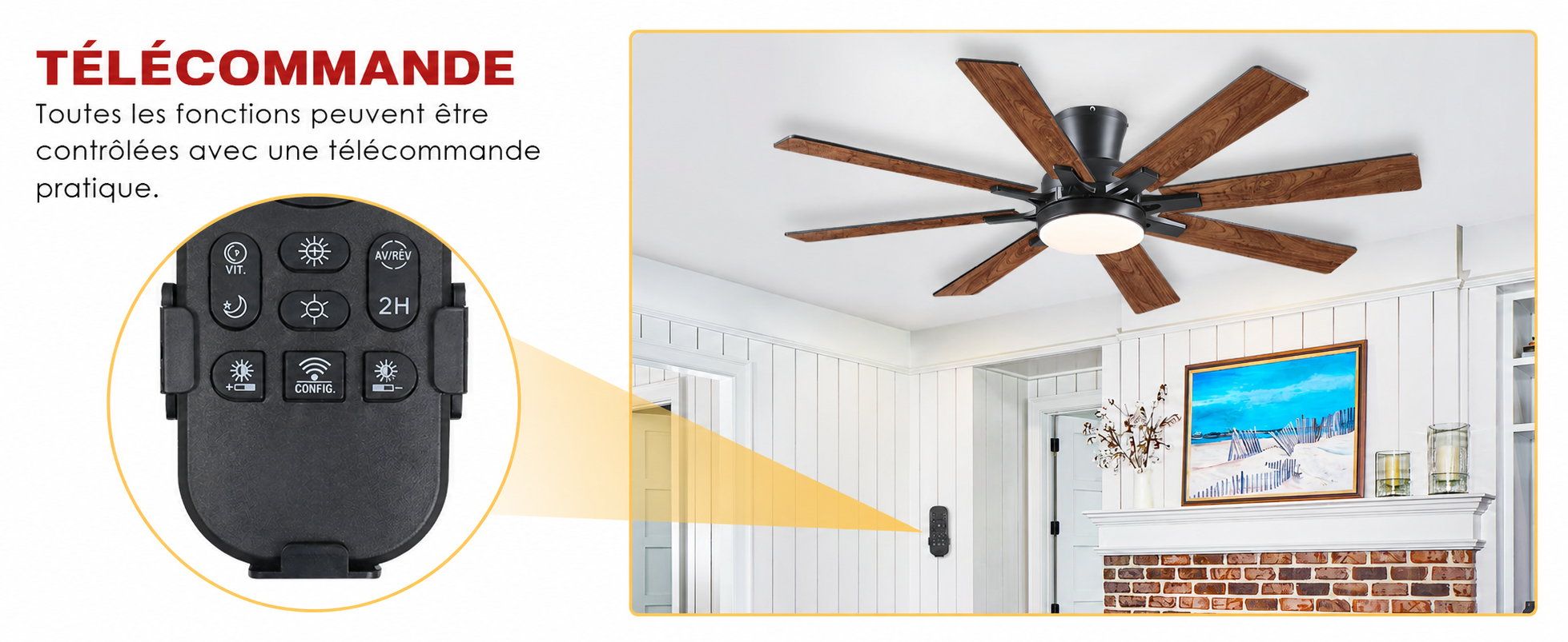Kviflon ventilateur de plafond encastré marron 132 cm, LED, 8 pales — visuel produit en français