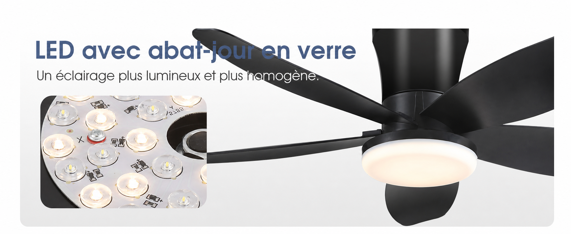 Kviflon ventilateur de plafond LED noir 122 cm, moteur DC silencieux — visuel produit en français