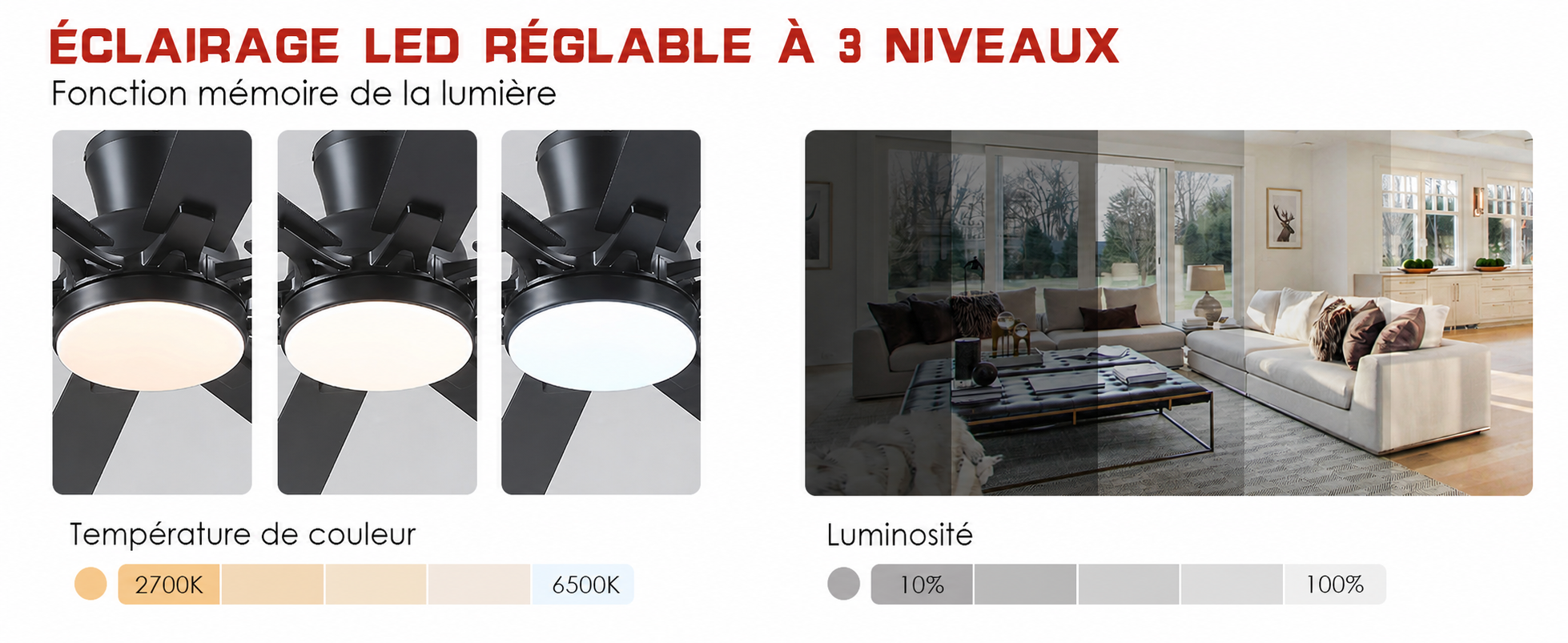 Kviflon ventilateur de plafond encastré noir 132 cm, LED, 8 pales — visuel produit en français