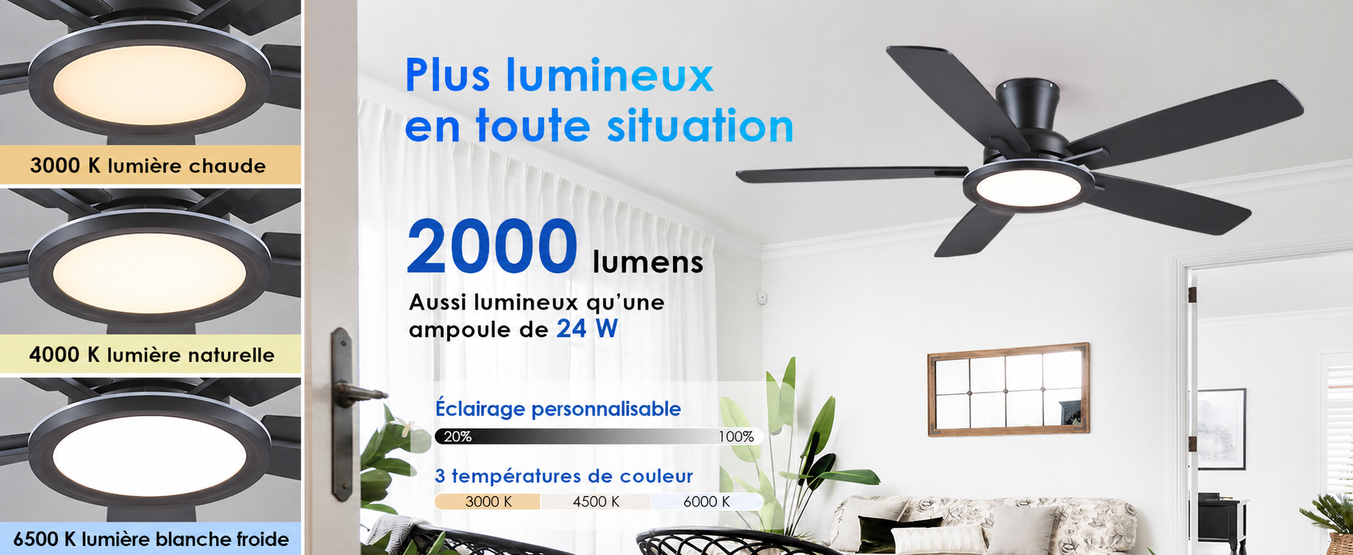 Kviflon ventilateur de plafond encastré noir 132 cm, LED RGB — visuel produit en français
