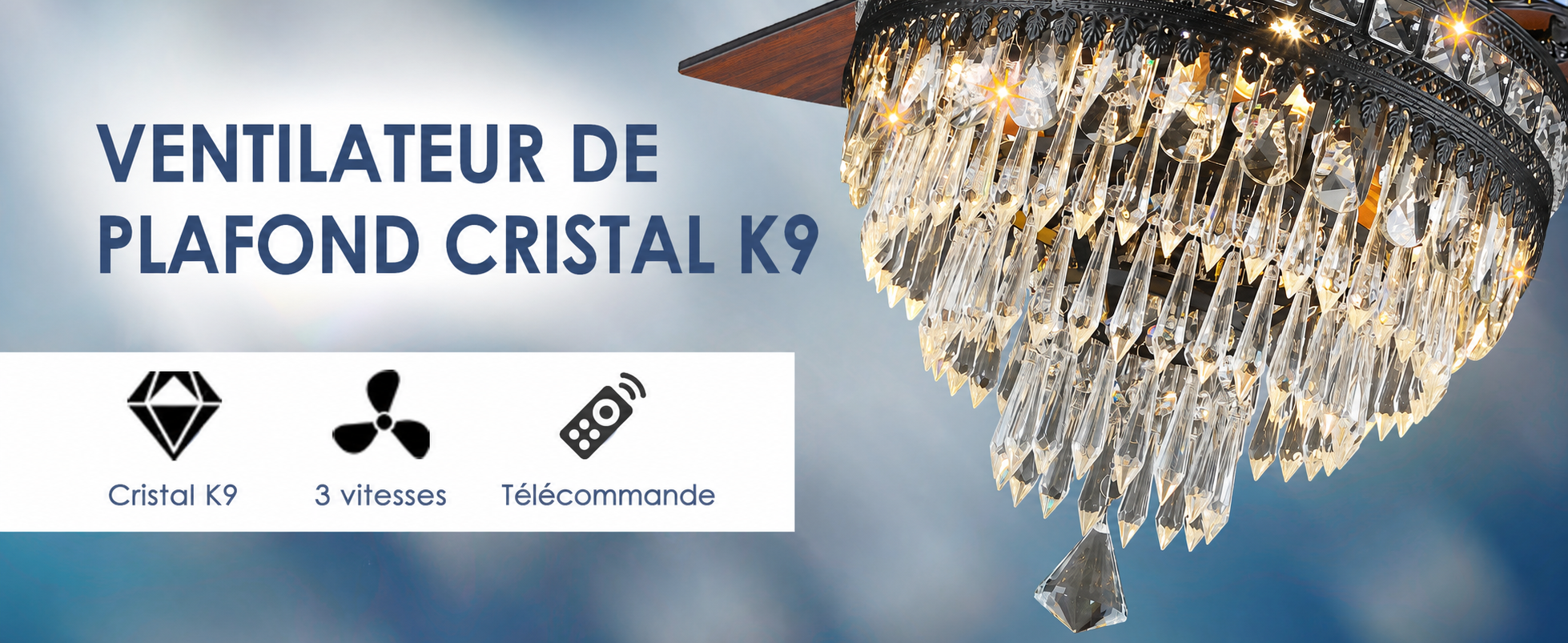 Kviflon grand ventilateur de plafond cristal noir 157 cm, télécommande — visuel produit en français