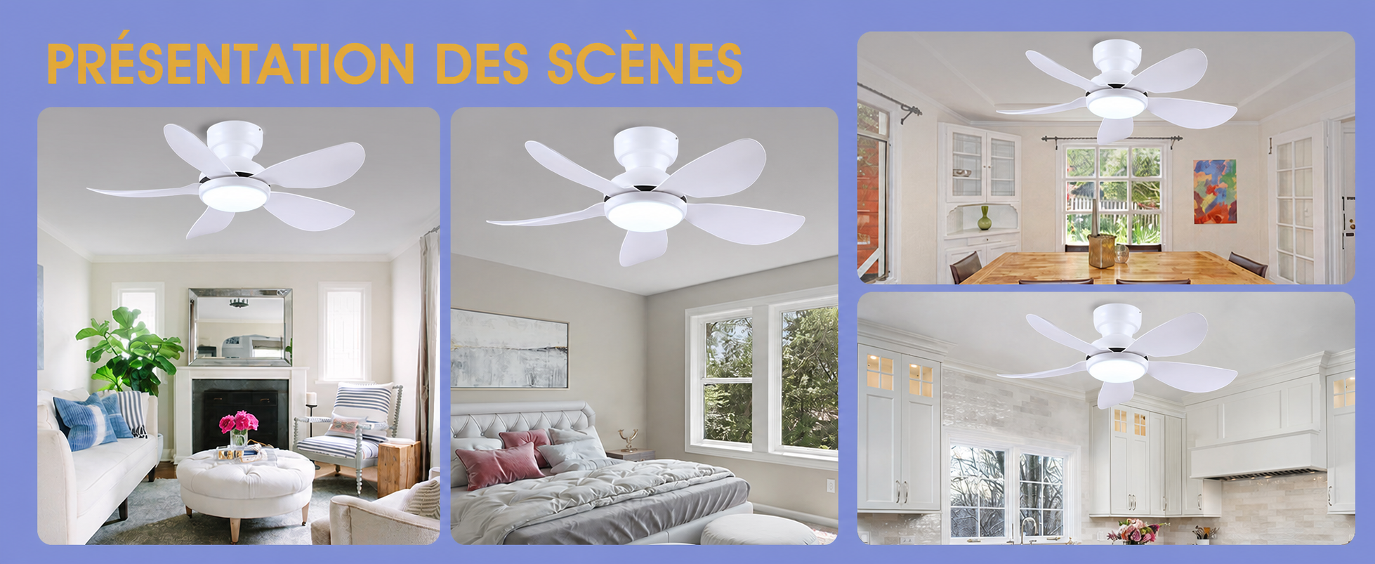 Kviflon ventilateur de plafond LED blanc 91 cm, 6 vitesses, 3 températures de couleur - visuel produit en français