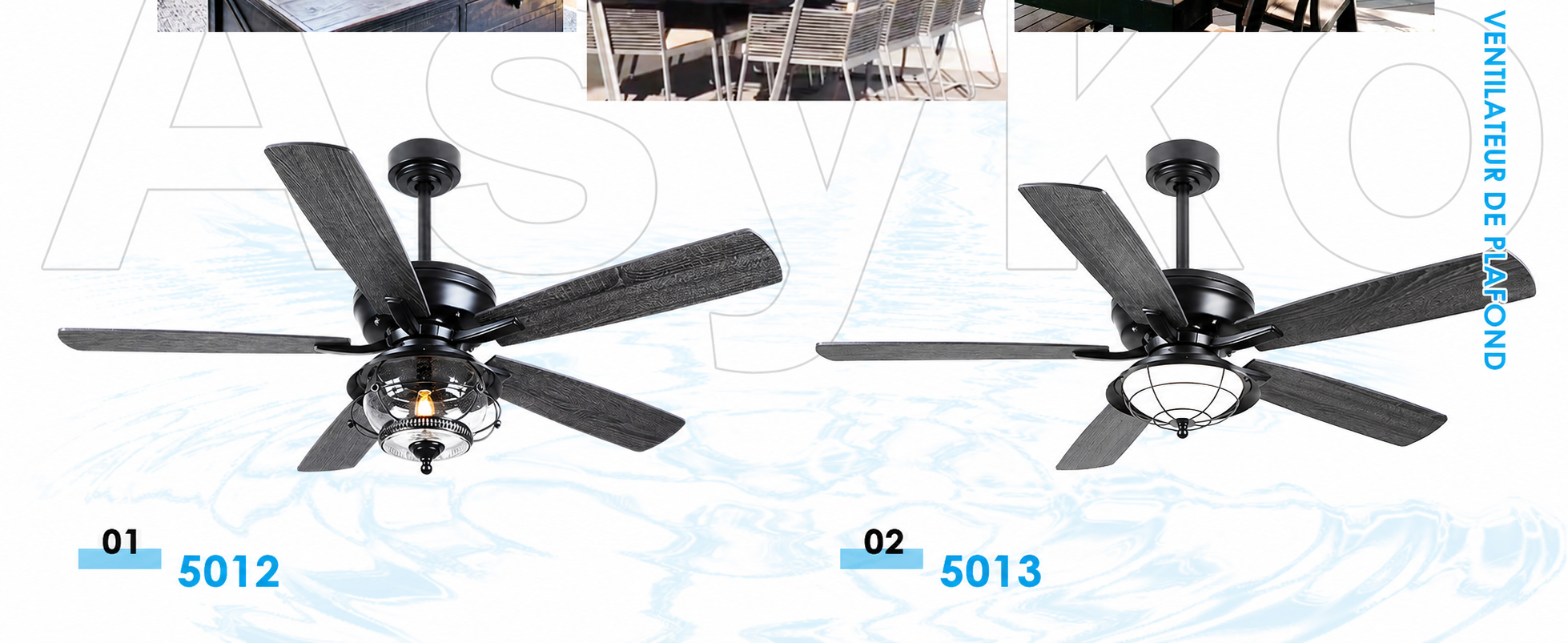 Kviflon ventilateur de plafond LED 132 cm, abat-jour verre, IP44 — visuel produit en français