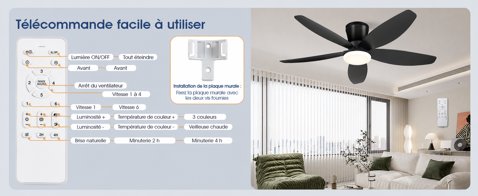 Kviflon ventilateur de plafond LED noir 107 cm, moteur DC, 6 vitesses — visuel produit en français