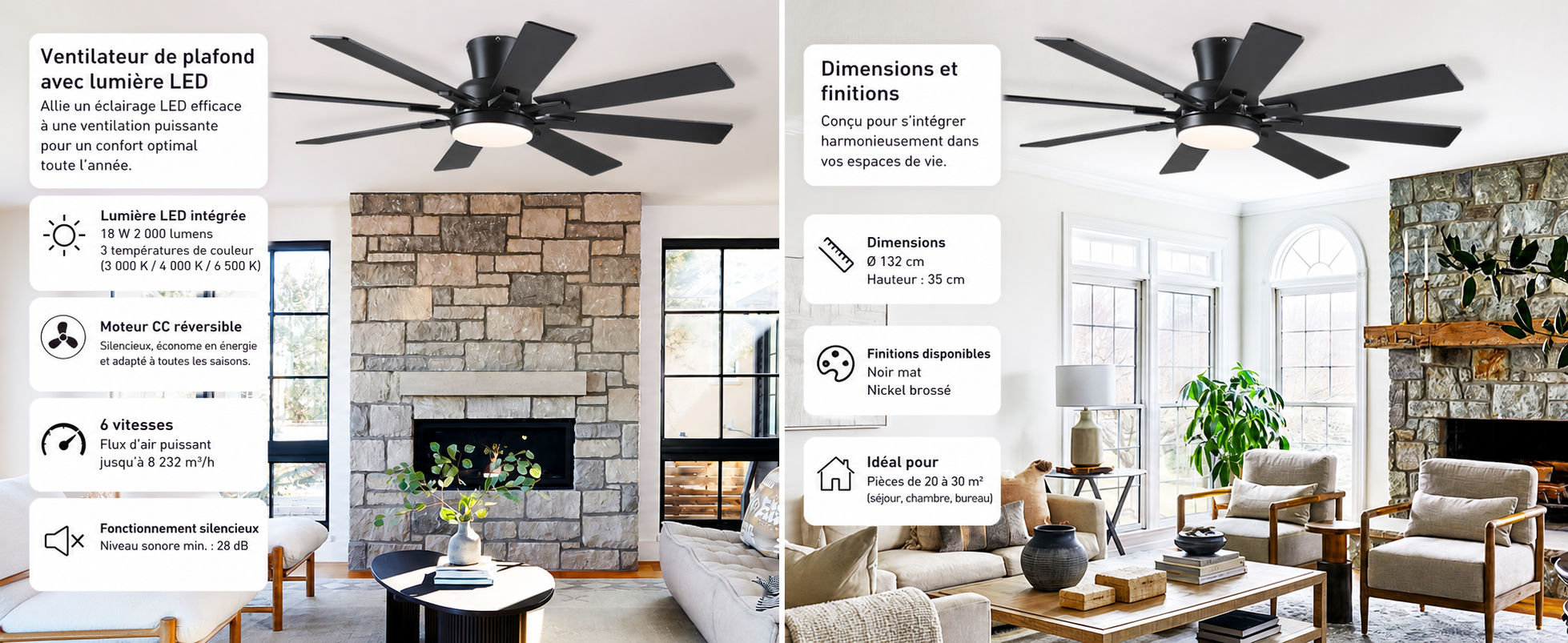 Kviflon ventilateur de plafond encastré noir 132 cm, LED, 8 pales — visuel produit en français