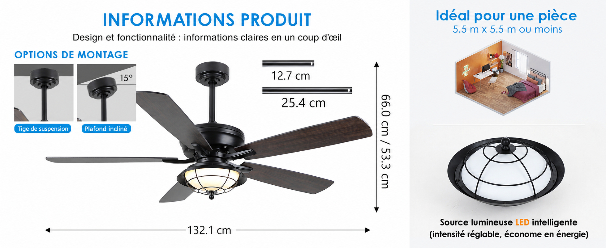 Kviflon ventilateur de plafond LED 132 cm, abat-jour verre, IP44 — visuel produit en français
