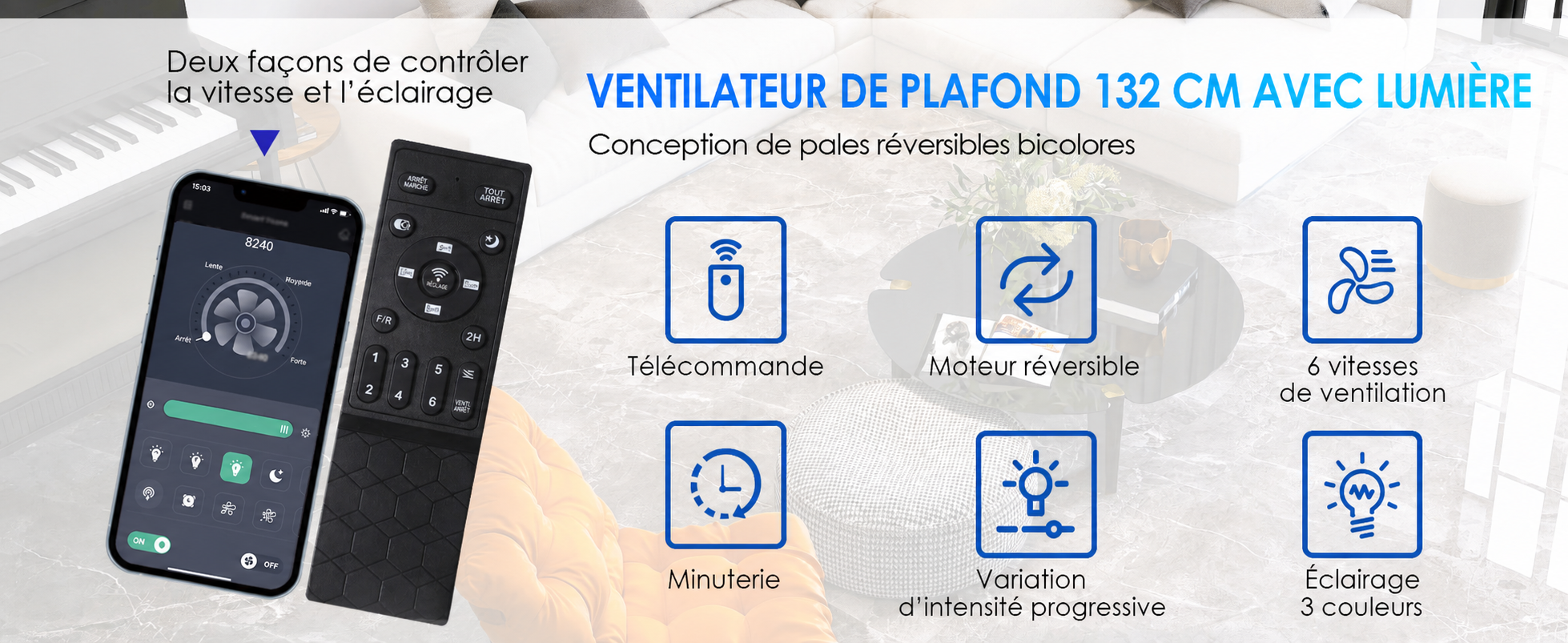 Kviflon ventilateur de plafond blanc 132 cm à profil bas, LED RGB - visuel produit en français