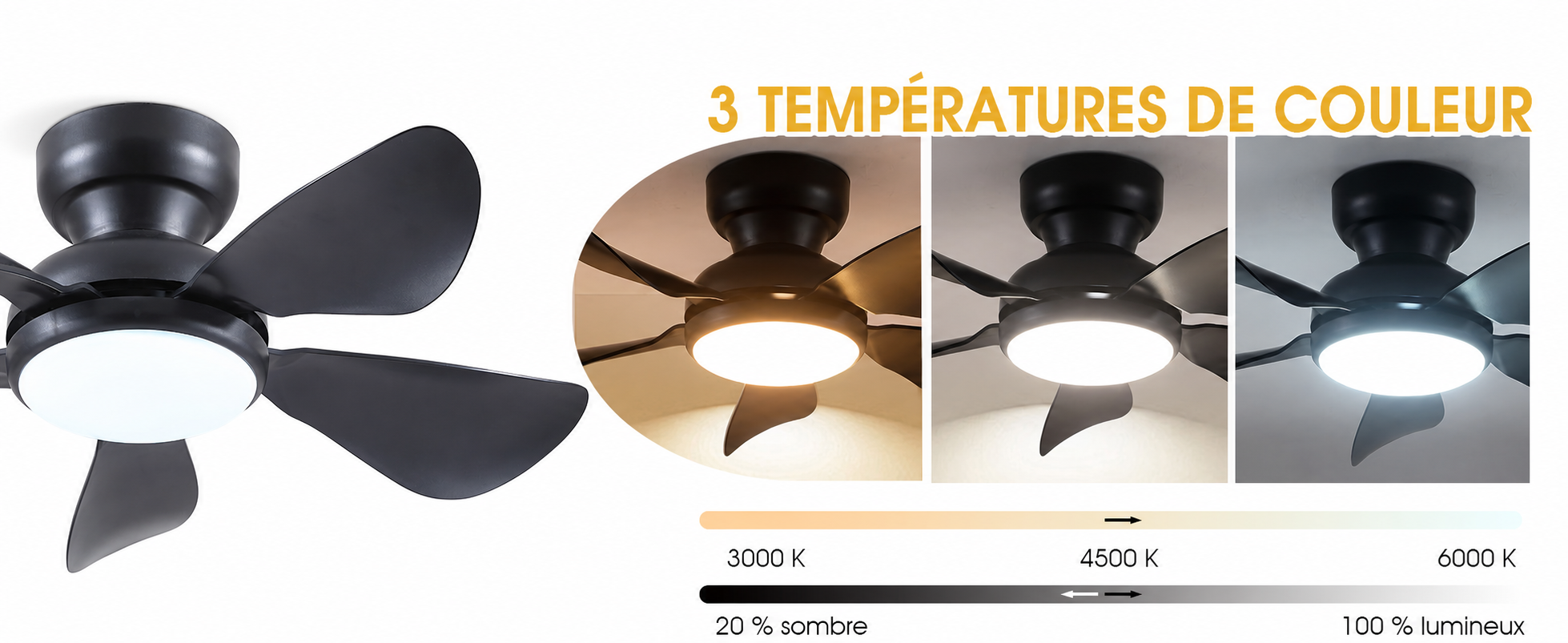 Kviflon ventilateur de plafond LED noir 81 cm, moteur DC, compact — visuel produit en français
