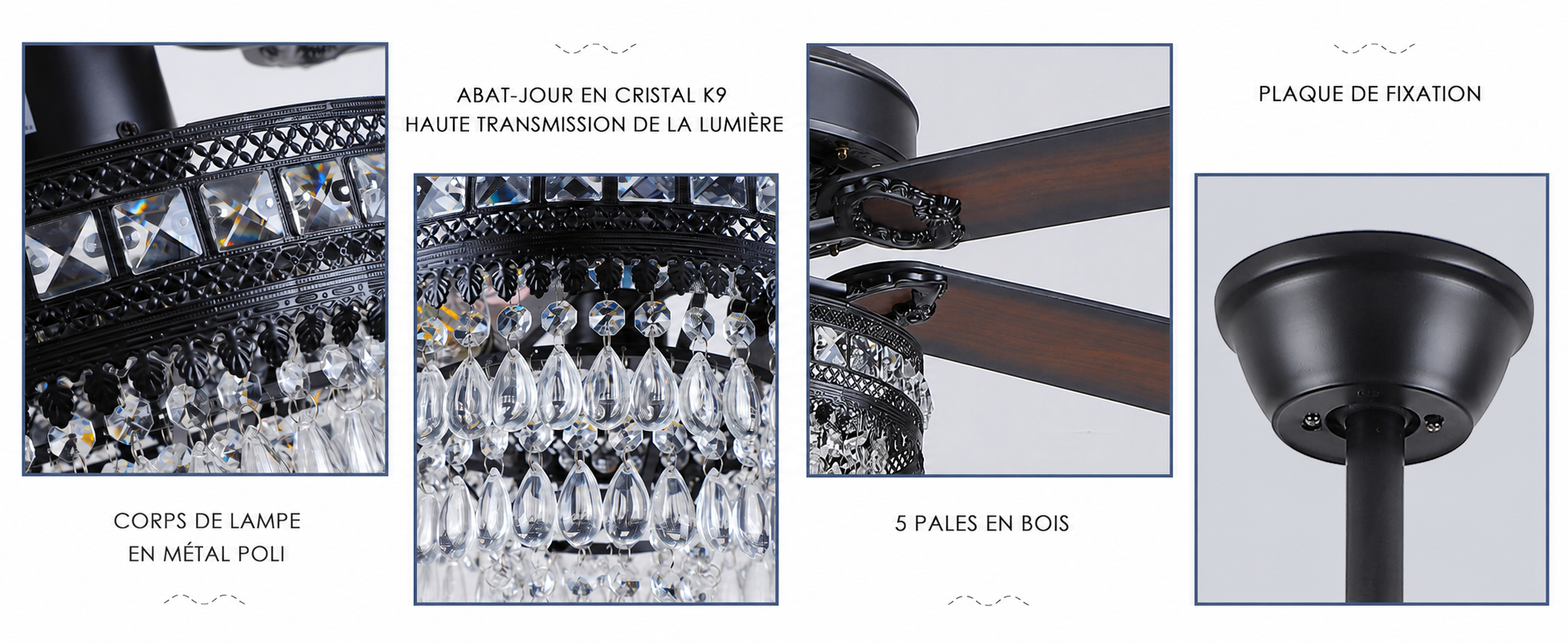 Kviflon ventilateur de plafond cristal noir 132 cm, télécommande — visuel produit en français