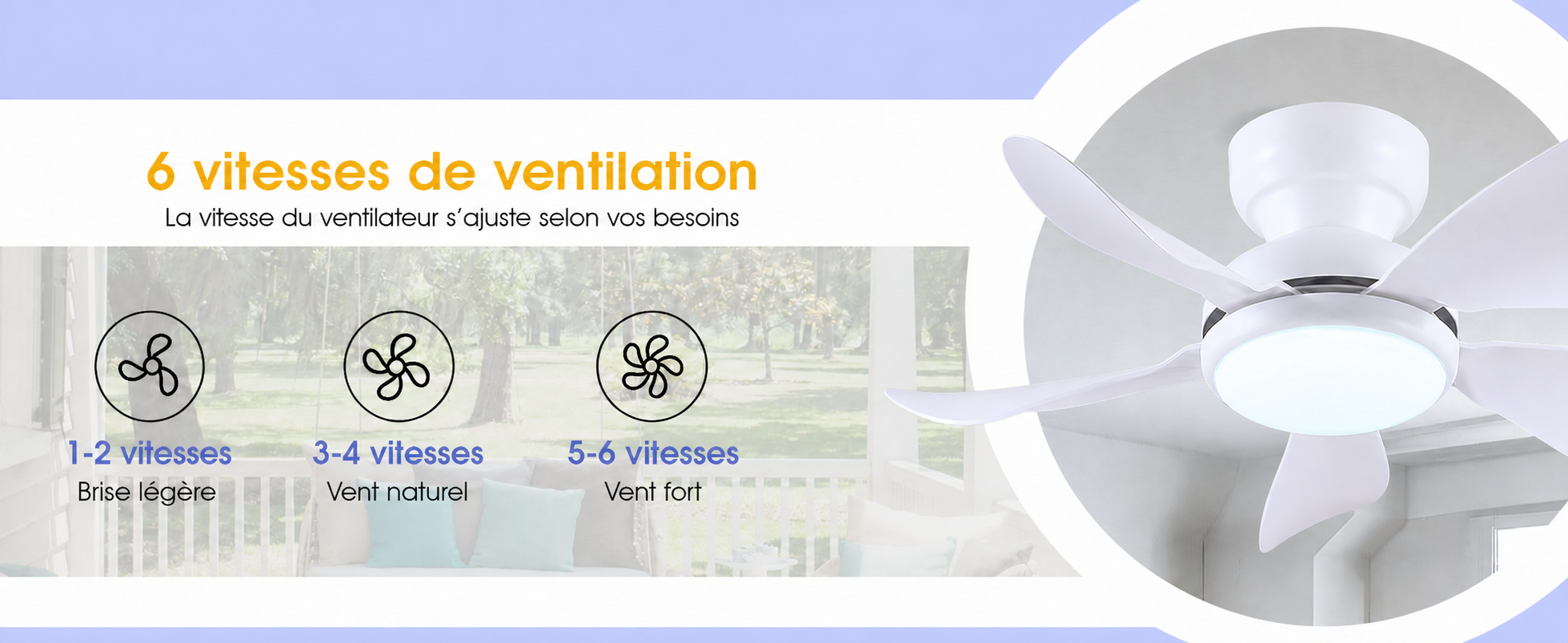 Kviflon ventilateur de plafond LED blanc 91 cm, 6 vitesses, 3 températures de couleur - visuel produit en français