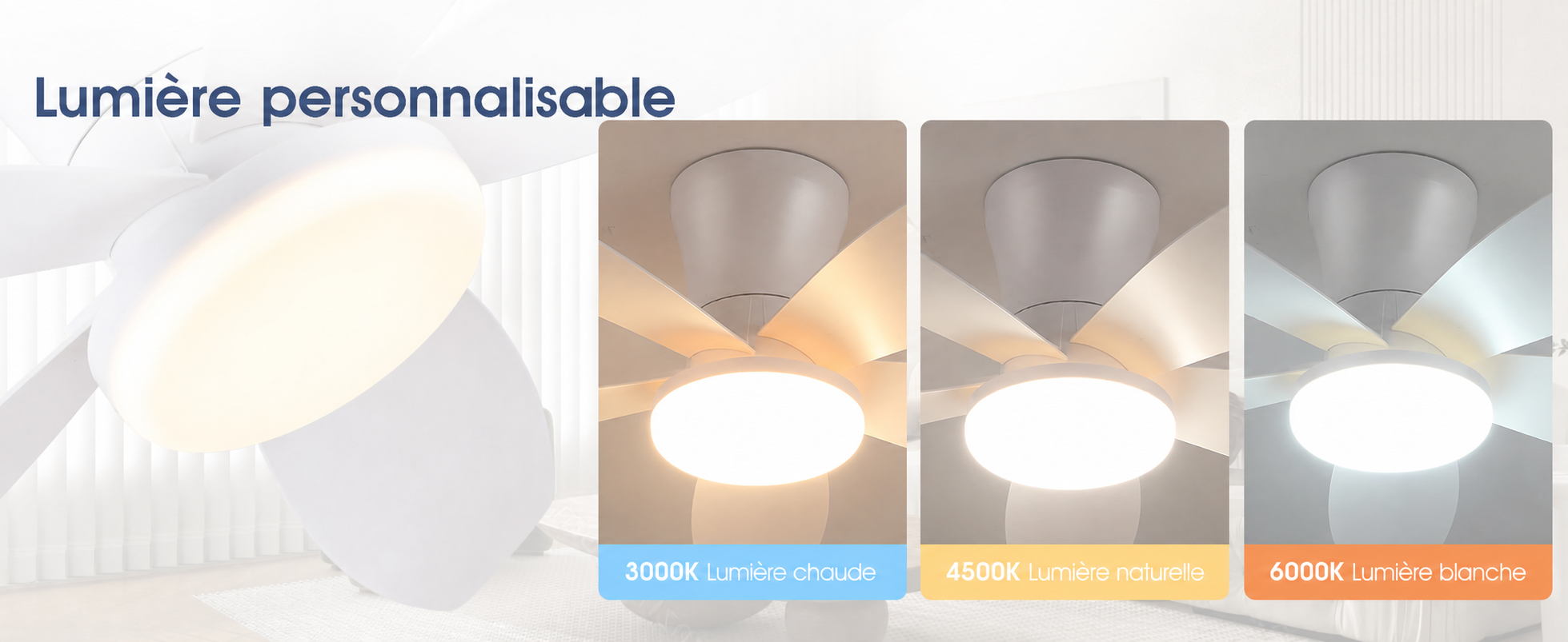 Kviflon ventilateur de plafond LED blanc 122 cm, moteur DC silencieux — visuel produit en français