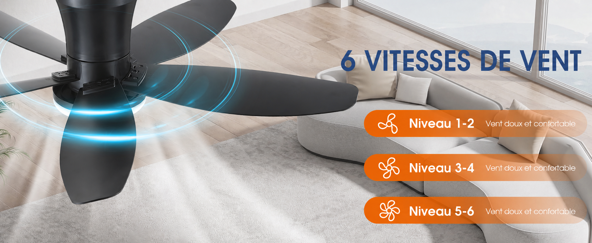 Kviflon ventilateur de plafond LED noir 122 cm, moteur DC silencieux — visuel produit en français