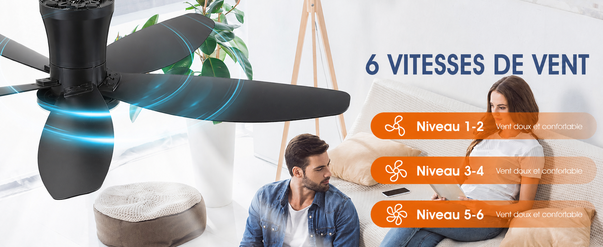Kviflon ventilateur de plafond LED noir 107 cm, moteur DC, 6 vitesses — visuel produit en français