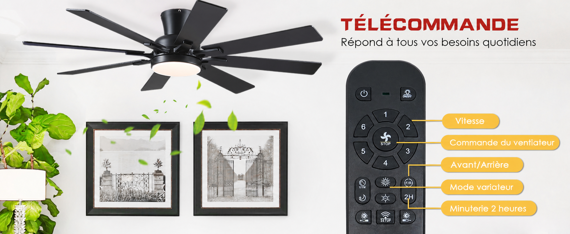Kviflon ventilateur de plafond encastré noir 132 cm, LED, 8 pales — visuel produit en français
