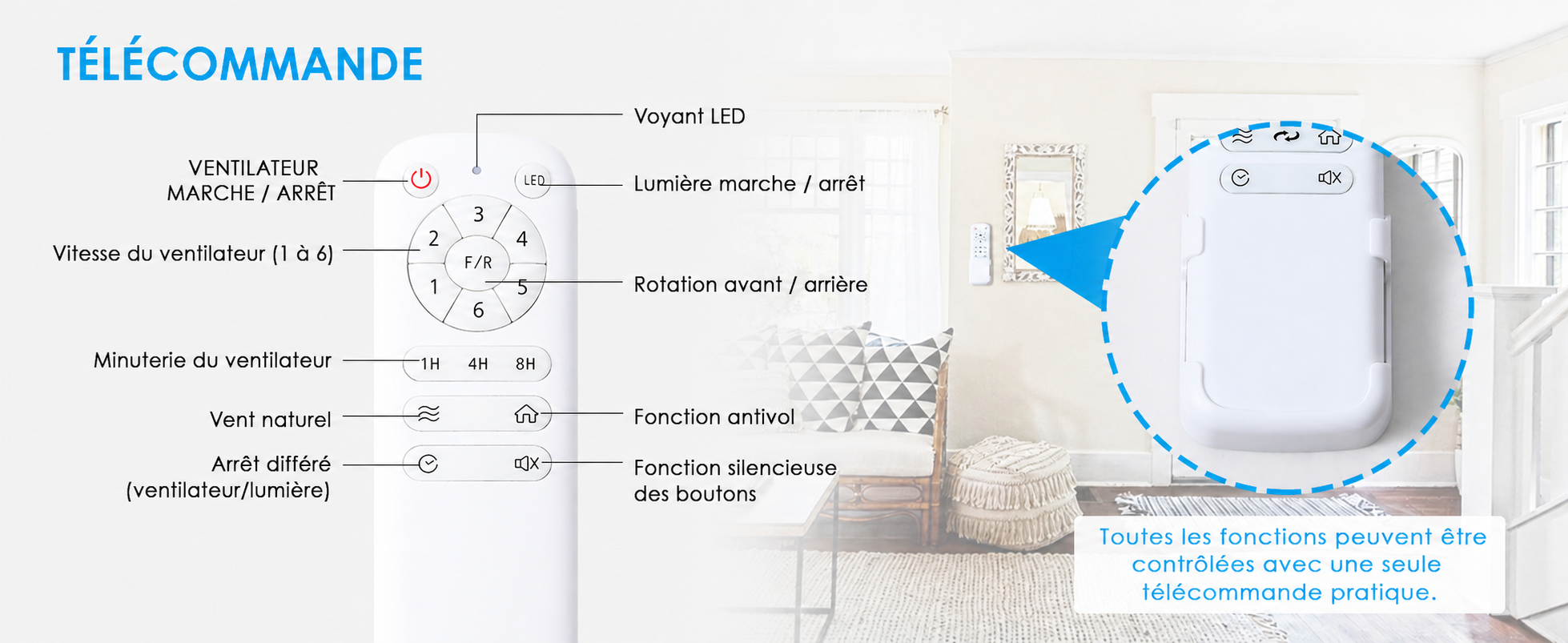 Kviflon ventilateur de plafond LED 132 cm, abat-jour verre, IP44 — visuel produit en français
