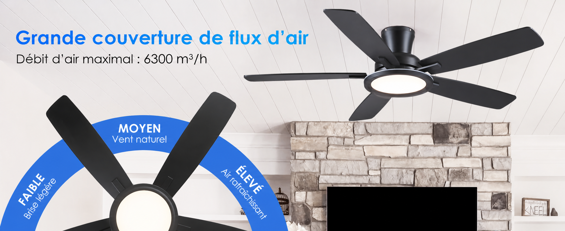 Kviflon ventilateur de plafond encastré noir 132 cm, LED RGB — visuel produit en français