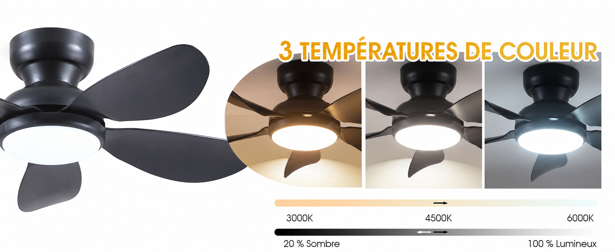 Kviflon ventilateur de plafond LED noir 91 cm, 6 vitesses, 3 CCT — visuel produit en français