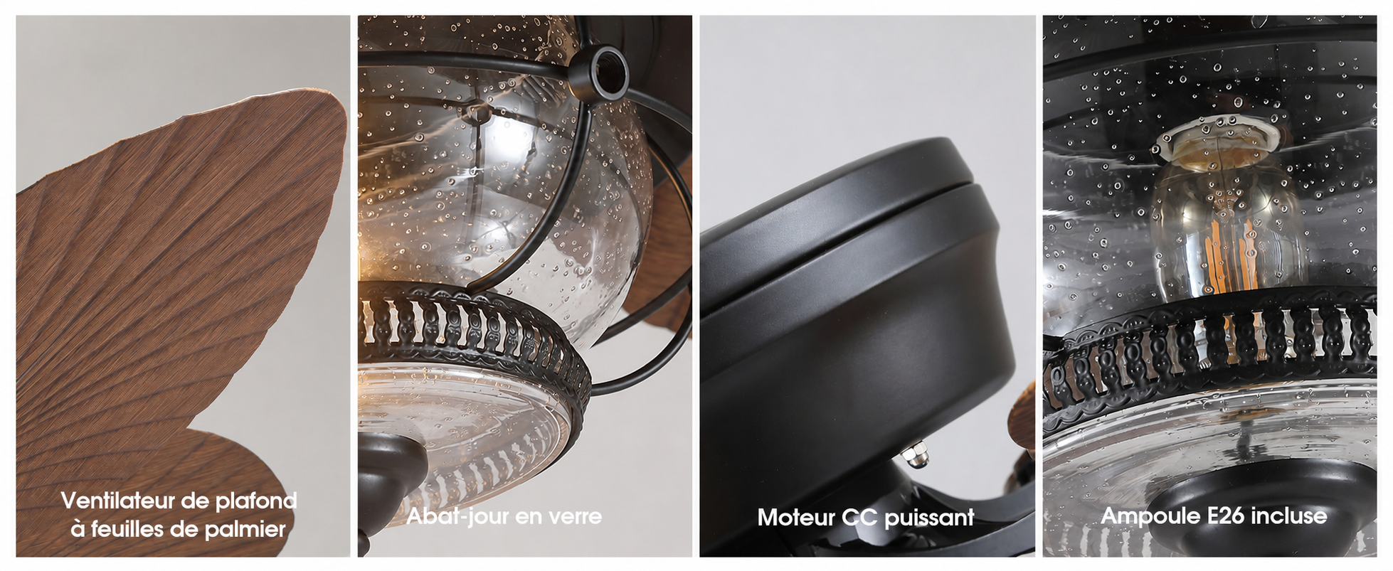 Kviflon ventilateur de plafond tropical LED 132 cm, pales palmier, IP44 — visuel produit en français