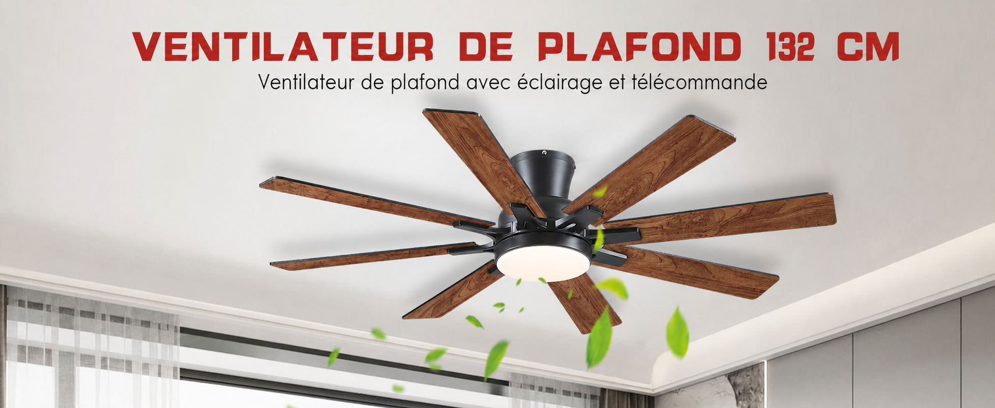 Kviflon ventilateur de plafond encastré marron 132 cm, LED, 8 pales — visuel produit en français
